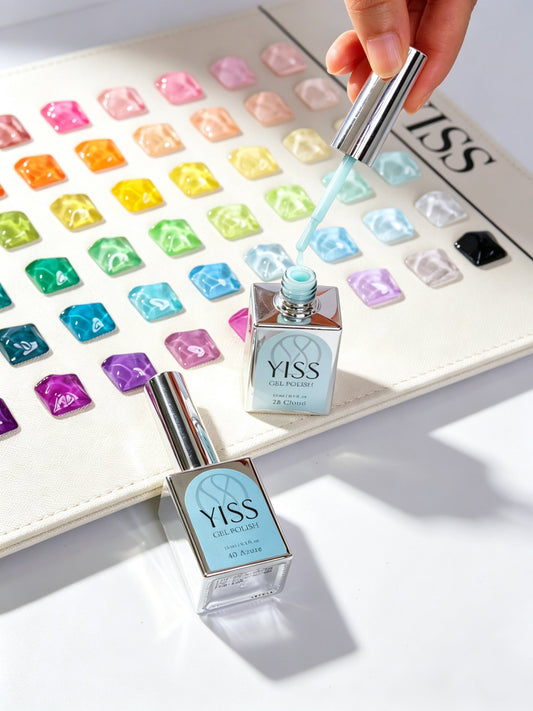 All 60 YISS HEMA-free gel polish shades on a swatch board
